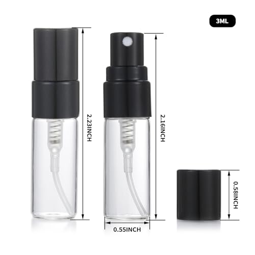 20Pcs 3ml Empty Clear Glass Mist Spray Bottle Refillable Mini Perfume Atomizer Travel Sample Bottle with Black Aluminized Nozzle Makeup Container for Perfume (3ml Black Caps) - color: 3ml Black Caps