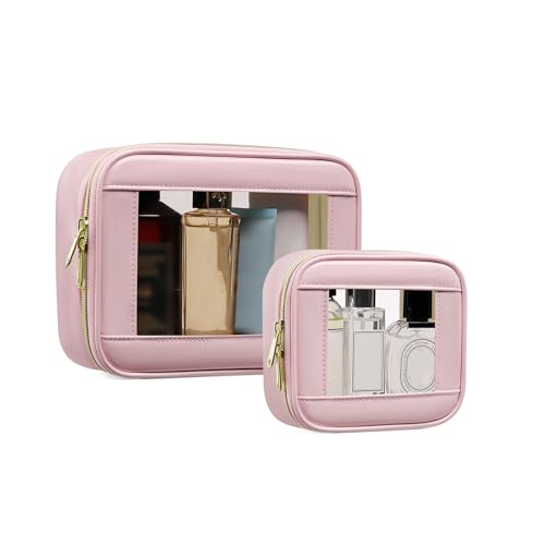 2-Piece Leather Clear Makeup Bags Set - Waterproof Clear Cosmetic Bag Case with Zipper, Transparent TSA Approved Toiletry Bag for Travel, Car Accessories for Women (Pink-2, Mini+Medium) - color: Pink-2, size: Mini+Medium
