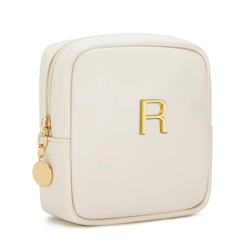 Personalized Birthday Gifts for Women - Initial Makeup Bag Set Travel Toiletry Bag Cosmetic Bags Soft Waterproof PU Leather Makeup Pouch Travel Essentials (R, 1pc Beige) - size: 1pc Beige, style: R