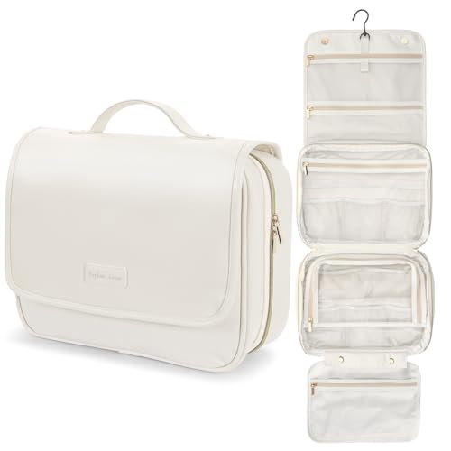 PACKISM Hanging Travel Bag for Traveling - Soft PU Leather Waterproof Travel Toiletry Bag for Full-Sized Toiletries, with Inner Pockets for Small Items, U Wide Open and Detachable Bag, Off White (L) - color: Off-white, size: Large
