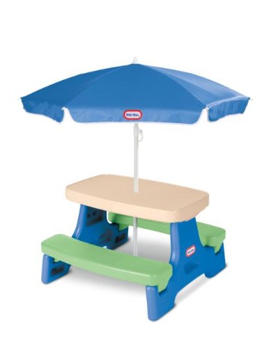 Little Tikes Easy Store Jr. Picnic Table with Umbrella - Blue / Green, 27.25''L x 27.00''W x 18.25''H - size: Junior