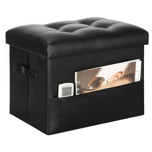 Storage Ottoman Foot Rest Stool with Thicker Foam Padded Seat. Foldable Leather Footstool Bench. Small Ottoman with Storage for Living Room Bedroom Coffee Table 350 lbs, 17x13x13in, Black. - color: Black, size: 17"D x 13"W x 13"H