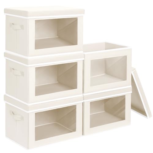 Homsorout Storage Bins with Lids - Large Decorative Basket with Lids, Fabric Foldable Closet Organizer Bins, Stackable Shelf Organizer for Living Room, Dorm, 5 Pack, Beige - color: Beige, size: XL(5-Pack)