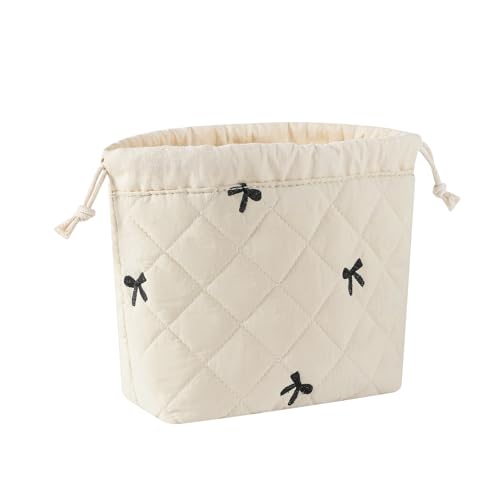 Cotton Quilted Drawstring Makeup Bag with Canvas Lining,Coquette Aesthetic Cute Travel Toiletry Bag,Drawstring Gift Bag for Women and Girls（05Beige Bows） - color: 05Beige Bows