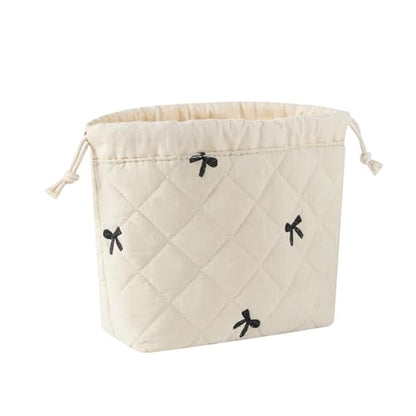 Cotton Quilted Drawstring Makeup Bag with Canvas Lining,Coquette Aesthetic Cute Travel Toiletry Bag,Drawstring Gift Bag for Women and Girls（05Beige Bows） - color: 05Beige Bows