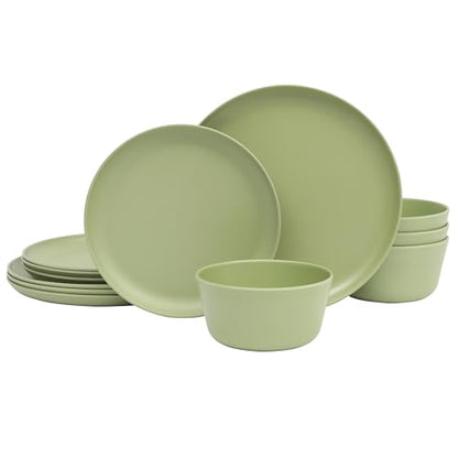 Gibson Home Fairhope 12-Piece Matte Green Melamine Dinnerware Set – Durable Lightweight Plates and Bowls, Kitchen Dining Set - color: Matte Green (Fairhope), size: Service for Four (12pcs)