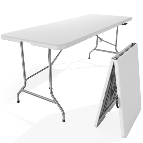 Sweetcrispy 6 FT Folding Picnic Table Easy to Fold and Store, Foldable Table for Camping Picnic Dining Party Kitchen Outdoor Indoor with Carrying Handle - color: Basic White, size: 6 feet