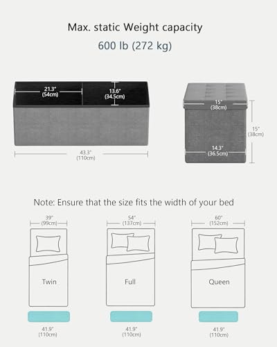 GLAXYFUR 43 Inches Folding Storage Ottoman Bench, Storage Chest, Footrest for Entryway, Living Room, Holds up to 660 lb, Light Grey - color: Light Grey