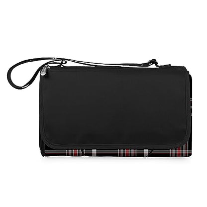 PICNIC TIME Outdoor Picnic Blanket Tote, 59"x51" Foldable Beach & Camping Blanket with Soft Fleece, Water-Resistant Bottom, Adjustable Strap & Zippered Pocket (Black Tartan, Black Flap) - color: Black Tartan