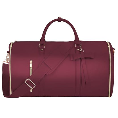 Garment Bags for Travel, Convertible Suit Travel Bag for Women, Stylish Carry On Garment Bag with Toiletry Pocket, Shoulder Strap and Shoes Compartment, 2 in 1 Foldable PU Leather Duffle Bag, Sangria - color: Sangria
