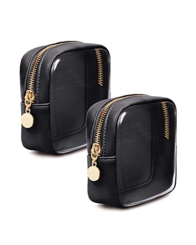 Wandering Nature 2 Pcs Clear Makeup Bag for Purse, Mini Make up Bag Cute Cosmetic Pouch for Women with Slip-in Pockets, Travel Toiletry Essentials Vegan Leather Organizer Pouch - color: Black Set