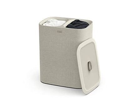 Joseph Joseph Tota 90 liter/23.8 gallon Laundry Hamper Separation Basket with lid, 2 Removable Washing Bags with Handles - Ecru - color: Ecru, style: Dual Compartment 90L