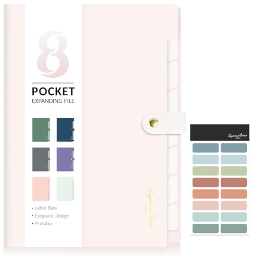 Sooez Elegant Accordion File Organizer with Labels, 8 Pocket Expanding File Folder, Portable Folders for Documents, Cute Paper Organizer for School Office Supplies, Letter Size, Off White - color: Off White