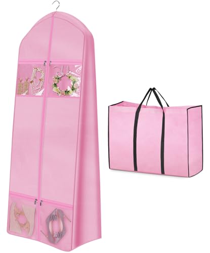 MISSLO Portable 65" Wedding Dress Garment Bag with Bride Tote Bag 8'' Gusseted Dress Bags for Gowns Long 4 Pockets Dress Cover for Women, Pink - color: Pink, size: 65 inch