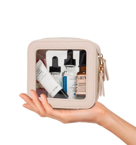 LETGO Clear Window Makeup & Sunscreen Bag TSA Approved Waterproof PU Leather Travel Toiletry Organizer with Gold Zipper,Portable Cosmetic Pouch for Summer Beach Vacation,Pool &Gym(Mini Beige) - color: Beige, style: Mini