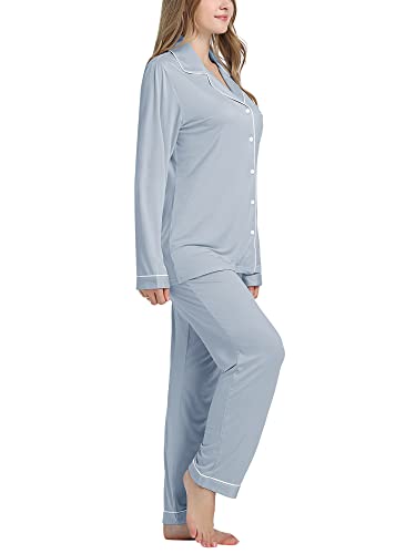 Cherrydew Women Bamboo Viscose Pajama Sets Super Soft Comfy Breathable Cooling Sleepwear Long Sleeve Button Down Loungewear - color: Dusty Blue, size: Medium