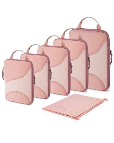 BAGSMART Compression Packing Cubes - 6 Set Travel Packing Cubes for Suitcases, Compression Suitcase Organizers with Shoe Bag - color: 04-Brier Rose