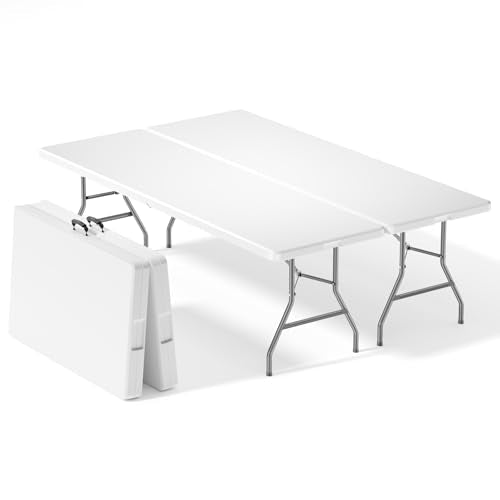 Sweetcrispy 8 FT Folding Picnic Table 2 Pack, Easy to Fold and Store, Foldable Table for Camping Picnic Dining Party Kitchen Outdoor Indoor with Carrying Handle - color: White, size: 8 FT - 2 Pack