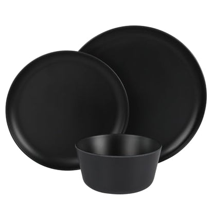 Gibson Home Fairhope 12-Piece Matte Black Melamine Dinnerware Set – Durable Lightweight Plates and Bowls, Kitchen Dining Set - color: Matte Black (Fairhope), size: Service for Four (12pcs)