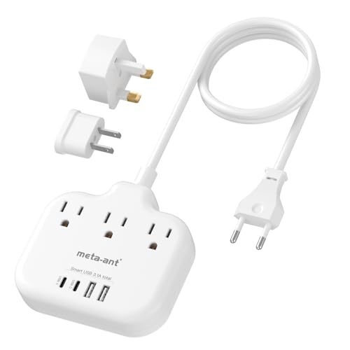 European Travel Plug Adapter, US to European Plug Adapter with 3 American Outlets & 4 USB, 3ft European Power Cord, International Travel Power Strip, Type C for Europe EU Germany France, Travel, White - style: Type C/G/A-Most Countries-3FT