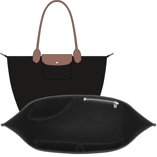 Felt Purse Organizer Insert Compatible with Longchamp Lepliage M Tote Bag, Zipper Long Champ Medium Organizer Insert with Cup Holder, 8 Compartments Bag Liner Shaper(Black,M) - color: Black, size: M Tote Bag (Long Handle)