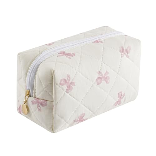 Gleyemor Small Quilted Makeup Bag for Women, Cute Floral Bow Cosmetic Bag, Emergency Bag Travel Toiletry Cotton Pouch Gifts for Girls Her Mom Friend Sister Bridesmaid (Small Pink Bowknot) - color: 01 Small Pink Bowknot