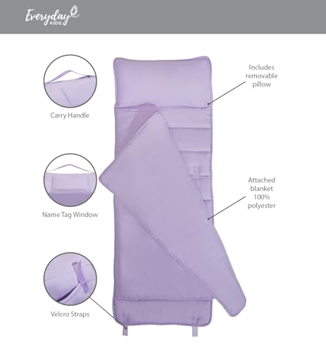 EVERYDAY KIDS Nap Mat with Removable Pillow - Lavender - Carry Handle with Straps Closure, Rollup Design, Soft Microfiber for Preschool, Daycare, Travel Sleeping Bag - Ages 3-6 Years - color: Purple