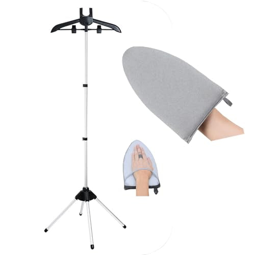 Clothes Steamer Stand Hanger with Steamer Ironing Glove for Steaming Clothes, Handheld Garment Steamer Rack with Grey Mini Handhelded Ironing Pad Board - color: Silver Glove+ Black Rack