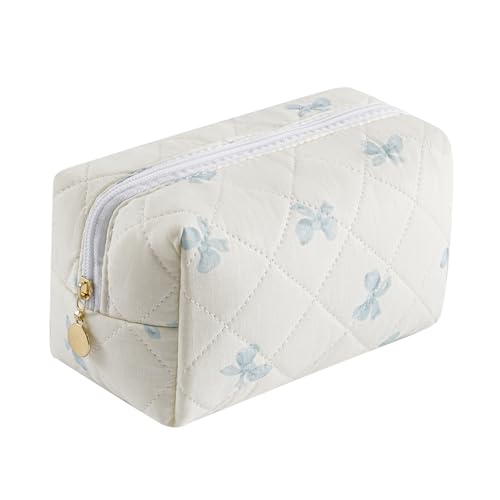 Gleyemor Small Quilted Makeup Bag for Women, Cute Floral Bow Cosmetic Bag, Emergency Bag Travel Toiletry Cotton Pouch Gifts for Girls Her Mom Friend Sister Bridesmaid (Small Blue Bowknot) - color: 04 Small Blue Bowknot