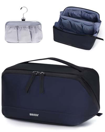 WANDF Toiletry Bag for Men, PU Leather Dopp Kit with Detachable Waterproof Hanging Pouch and Wet Pocket (Navy Blue) - color: Navy Blue