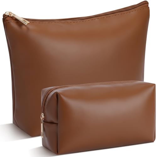 Kigeli 2 Pcs PU Leather Makeup Bag Set for Women Waterproof Aesthetic Cosmetic Bag Large & Small Travel Toiletry Organizer Pouch Skincare Organizer Bridesmaid Mother's Day Birthday Gift(Brown) - color: Brown