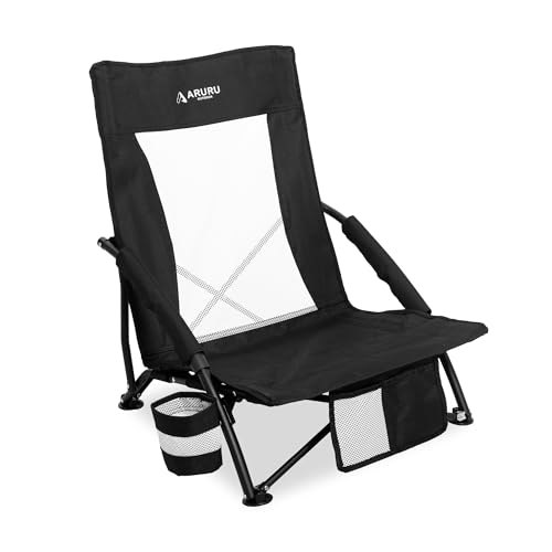 Low Folding Beach Chairs for Adults, Portable Lightweight Sling Beach Camping Chair with Cup Holder,Foldable Camp Lawn Chair for Outdoor Sand Concert Sport Events - color: Black, size: Low Back