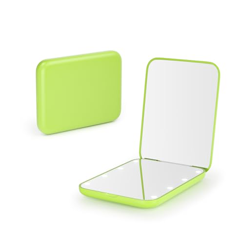 Kintion Pocket Mirror, 1X/3X Magnification LED Compact Travel Makeup Mirror with Light for Purse, 2-Sided, Portable, Folding, Handheld, Small Lighted Mirror for Gift, Light Green - color: Light Green