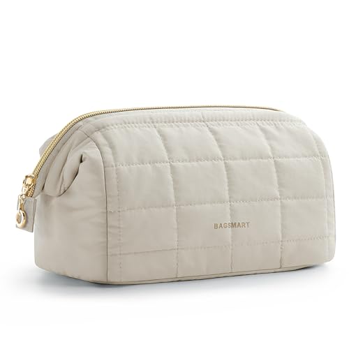 BAGSMART Makeup Bag Cosmetic Bag Wide Open, Beige, M, Wide-open Travel Makeup Bag With Puffy Padded and Rectangular Quilted - color: 08-Cream Beige