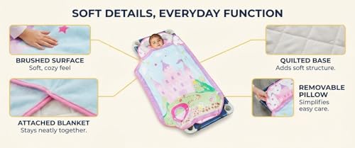 EVERYDAY KIDS Cute Preschooler and Toddler Cot Nap Mat for Home, Daycare, Preschool and Kindergarten; Easy to Roll Sleeping Mat with Elastic Straps, Pillow and Blanket - color: Princess Cot Nap Mat