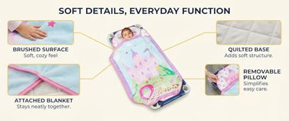 EVERYDAY KIDS Cute Preschooler and Toddler Cot Nap Mat for Home, Daycare, Preschool and Kindergarten; Easy to Roll Sleeping Mat with Elastic Straps, Pillow and Blanket - color: Princess Cot Nap Mat