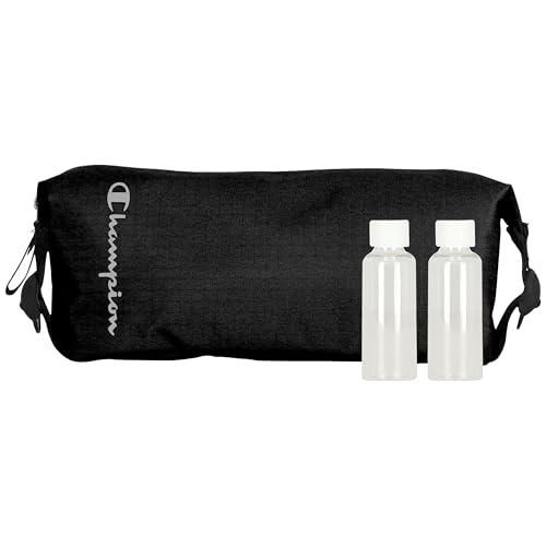 CHAMPION - Hanging Toiletry Bag - Travel Sized Polyester Bag Water-Resistant, Cosmetics Organizer Bag with Two Compliant Bottles - Lightweight Portable Zipped Bag for Unisex – True Black 10"x3.9"x3.9" - style: True Black