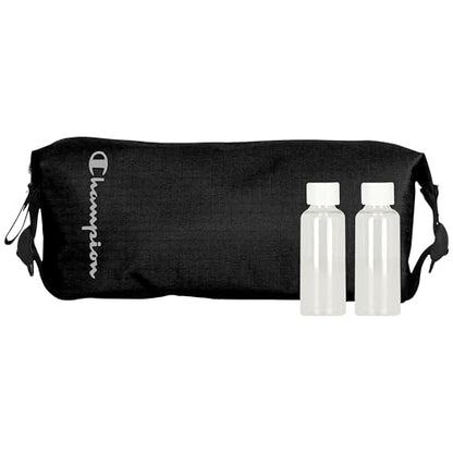 CHAMPION - Hanging Toiletry Bag - Travel Sized Polyester Bag Water-Resistant, Cosmetics Organizer Bag with Two Compliant Bottles - Lightweight Portable Zipped Bag for Unisex – True Black 10"x3.9"x3.9" - style: True Black