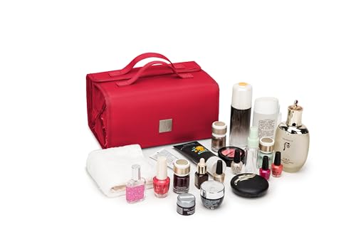 ROYALFAIR Roll Up Makeup Bag, Travel Toiletry Bag for Women with 4 Clear TSA Approved Pouches, Hanging Travel Organizer, Folding Cosmetic Bag for Men and Women - color: Red