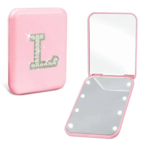 Personalized Birthday Graduation Gifts for Teen Girls Her Pearl Initial Pink Travel Compact Mirror with Lights Portable 1X/2X Magnification 2-Sided Mini LED Pocket Makeup Mirror for Purse (L) - color: L