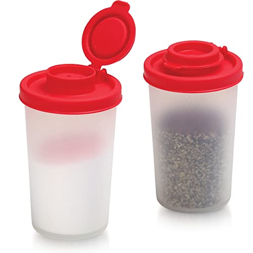 SIGNORAWARE Salt and Pepper Shakers Moisture Proof Set of 2 Large Salt Shaker to go Camping Picnic Outdoors Kitchen Lunch Boxes Travel Spice Set Clear with Red Covers Lids Plastic Airtight Dispenser - size: Large, 2 pack