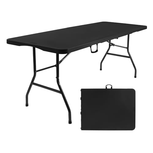 Byliable Folding Table 6ft, Heavy Duty Portable Plastic Fold-in-Half Utility Table with Carrying Handle for Indoor Outdoor, Camping Picnic Party, Black - color: Black, size: 6FT