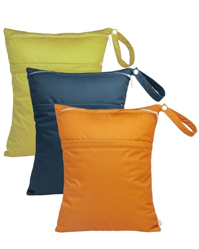 babygoal Wet Dry Bags 3 Pack for Baby Cloth Diapers, Washable Travel Bags, Beach, Pool, Gym Bag for Swimsuits & Wet Clothes with Two Zippered Pockets 3LN29 - color: Ginger yellow & yellow brown