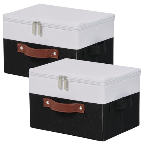 2 Pack Storage Boxes with Zipper Lid Cotton Linen Fabric Lidded Storage Bins Baskets Foldable Washable Closet Shelf Clothes Organizer Container Faux Leather Handles (Black White, Small) - color: Black White, size: Small ( Set of 2 )