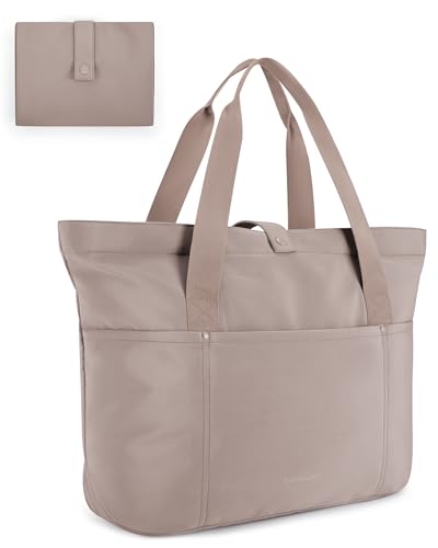 BAGSMART Tote Bag for Women, Foldable Tote Bag With Zipper Travel Shoulder Bag Handbag for Work - color: Grayish Brown-16.5''l X 6''wx 14''h