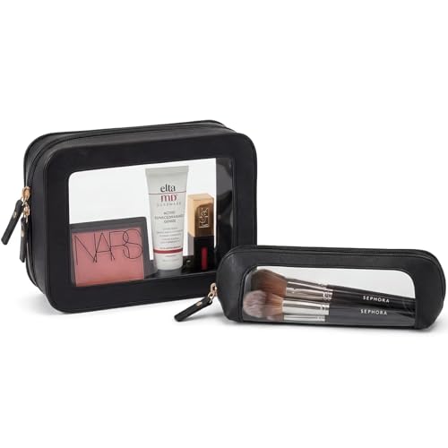 2 Pack Travel Clear Makeup Bag Set -Sunscreen Cosmetic Organizer Pouch Waterproof Makeup Pouch Portable Makeup Brush Case Summer Beach Vacation Car Accessories for Women(2Pack-Standard&Slim, Black) - color: Black, style: 2pack-standard&slim