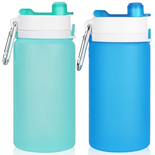 PLTCAT Collapsible Water Bottle, 19oz Foldable Bottle BPA Free Reusable Lightweight Leak-Proof Travel Silicone Water Bottle for Travel, Gym, Hiking, Office, Camping - color: Green and Blue