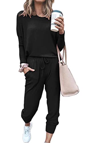 PRETTYGARDEN Women Fall 2 Piece Lounge Outfit Long Sleeve Tops High Waisted Jogger Pants Set Spring Travel Clothes Tracksuit - color: Black, size: Large