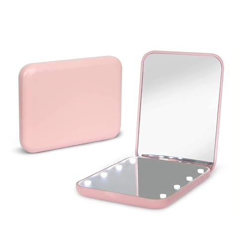 Kintion Pocket Mirror, 1X/3X Magnification LED Compact Travel Makeup Mirror with Light for Purse, 2-Sided, Portable, Folding, Handheld, Small Lighted Mirror for Gift, Pink - color: Pink