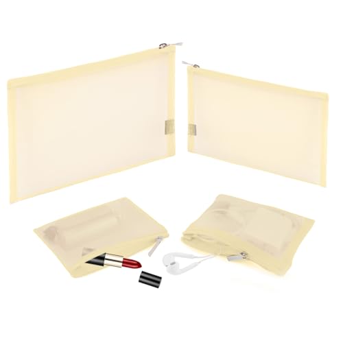 EASYFUN Mesh Pouch, Make up Bag with Zipper Cosmetic Organizer Pouch for Daily or Travel to Keep Small Items, 4 PCS Champagne - color: Champagne